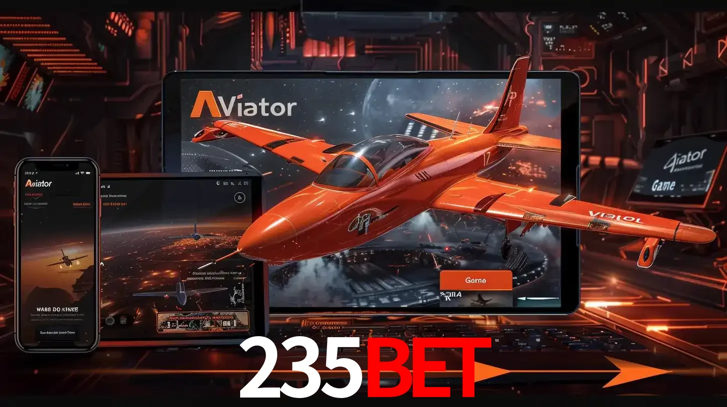 Apresentação tecnológica do jogo Aviator com um avião saindo da tela de um tablet, demonstrando a experiência imersiva em múltiplos dispositivos no 235bet.