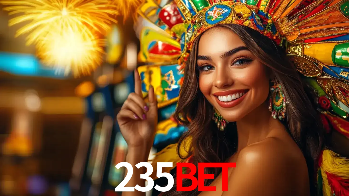 Mulher sorridente com um cocar de carnaval vibrante e colorido, celebrando uma grande vitória nos jogos do cassino 235bet com fogos de artifício ao fundo.