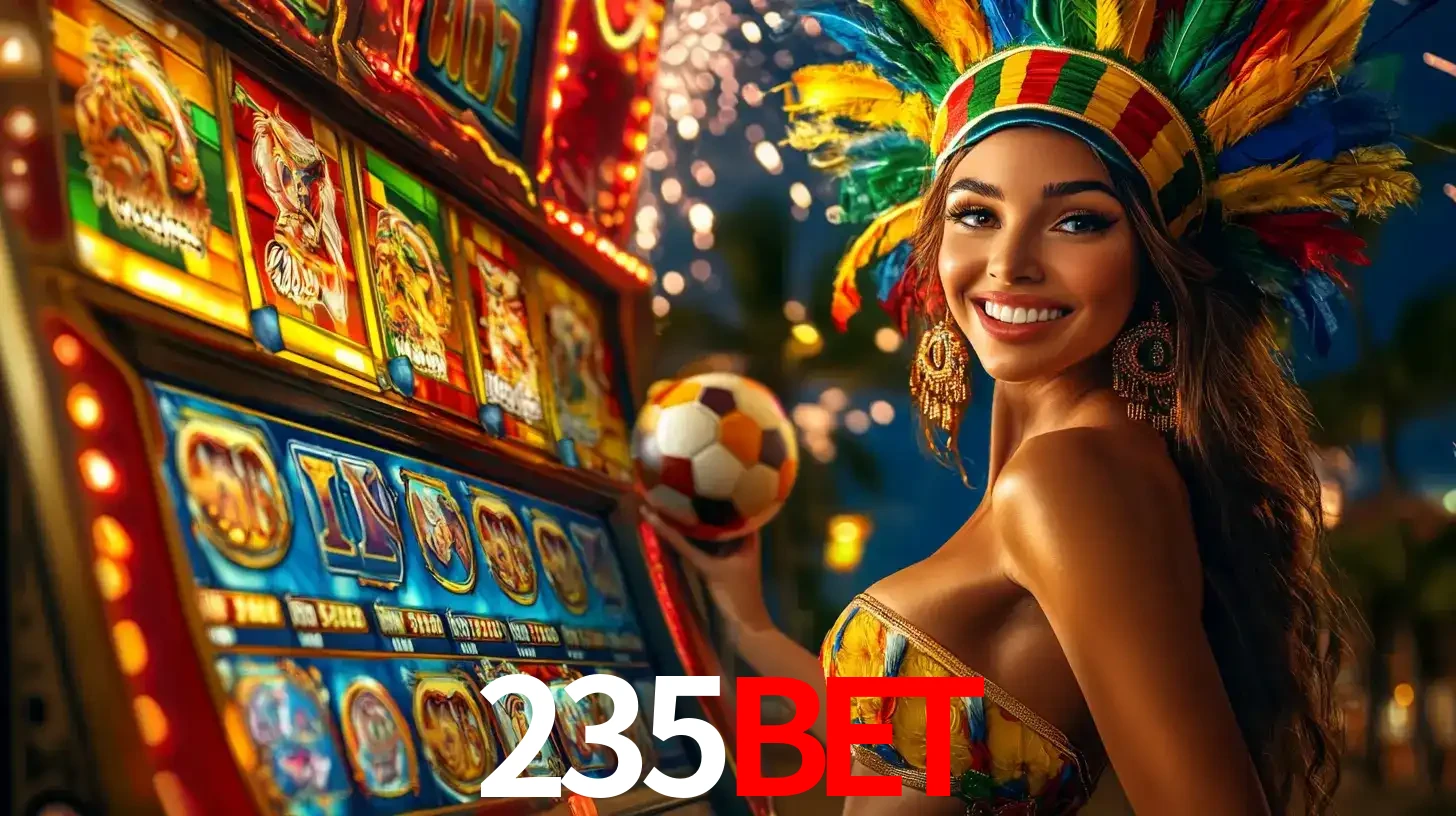 Mulher com um cocar de carnaval ao lado de uma máquina de caça-níqueis enquanto segura uma bola de futebol, mostrando a união da diversão de cassino e esportes no 235bet.