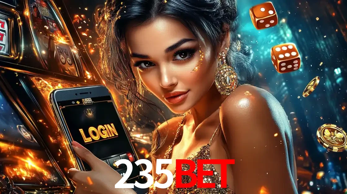 Mulher glamourosa segurando um celular com a tela de login do cassino 235bet, rodeada por dados e moedas douradas, pronta para começar a diversão.