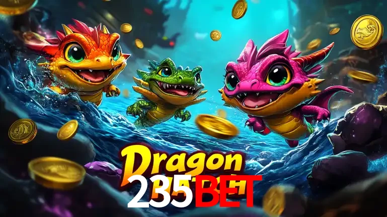Arte promocional do jogo Dragon Hatch com três adoráveis dragões bebês nadando entre moedas de ouro, um dos slots mais divertidos para jogar no cassino 235bet.