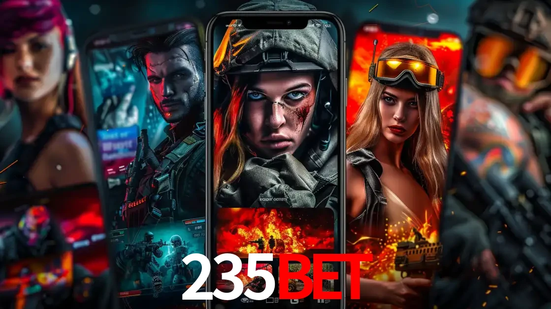 Montagem de telas de celular mostrando diversos personagens, masculinos e femininos, de um jogo de tiro, ilustrando a diversidade de equipes de e-sports para apostar no 235bet.
