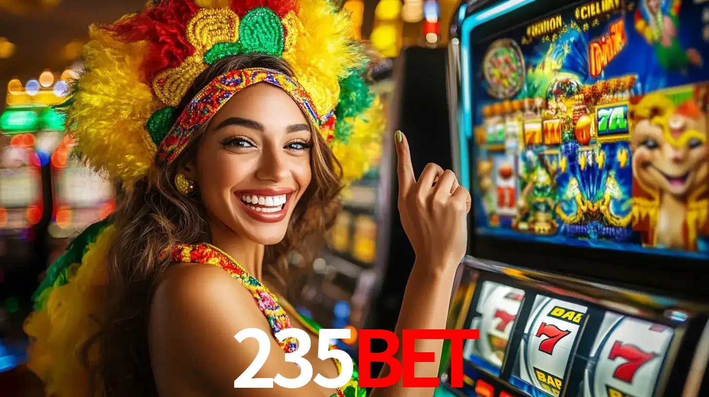 Mulher animada com um cocar de carnaval apontando para uma máquina de caça-níqueis, mostrando a emoção de ganhar um grande prêmio nos jogos do 235bet.