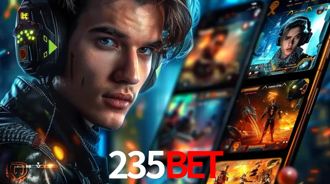 Jovem jogador com fones de ouvido olhando para a câmera, com um aplicativo de jogos e e-sports para celular ao fundo, pronto para a competição e apostas no 235bet.