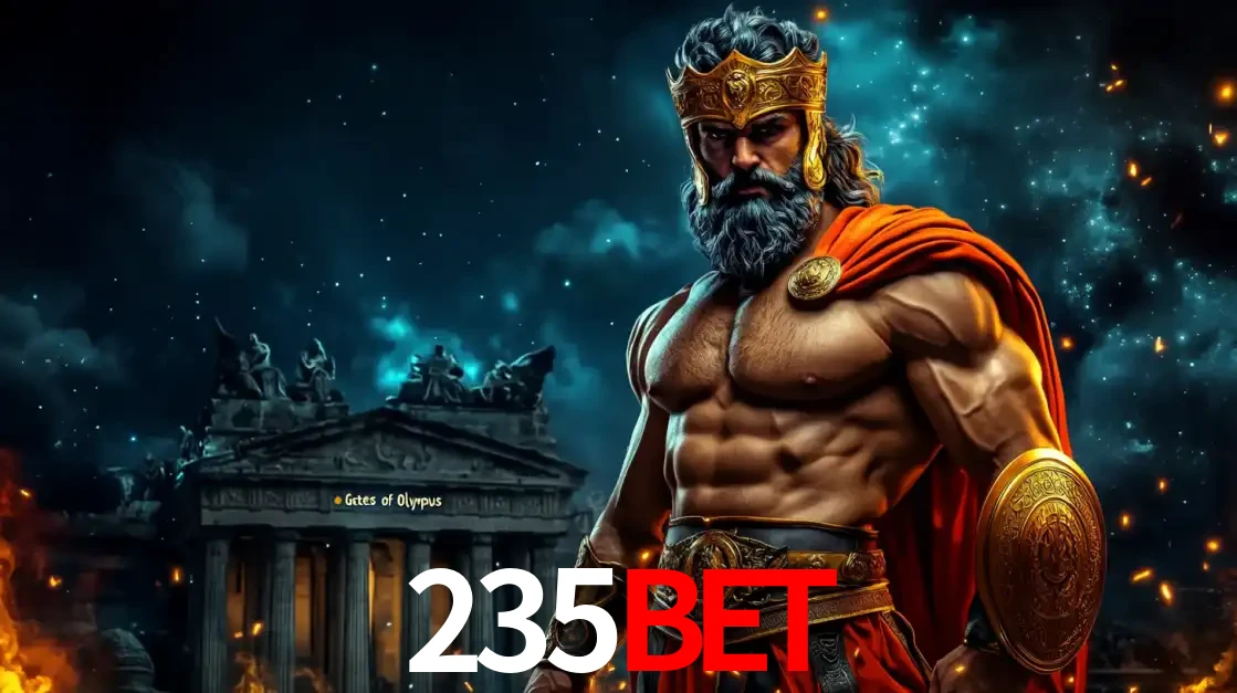 O poderoso Zeus do jogo de slot Gates of Olympus em frente ao seu templo, pronto para lançar multiplicadores divinos e prêmios épicos no cassino online 235bet.