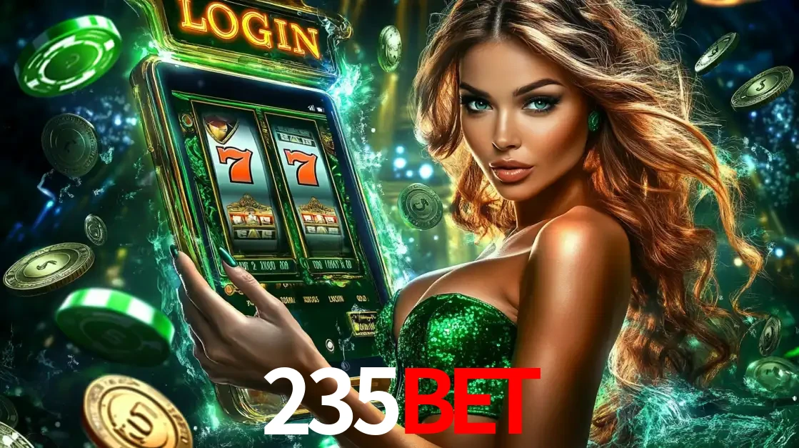 Mulher com tema verde apresentando o aplicativo do cassino 235bet com um jogo de slot de 777, cercada por fichas de cassino e uma aura de sorte.