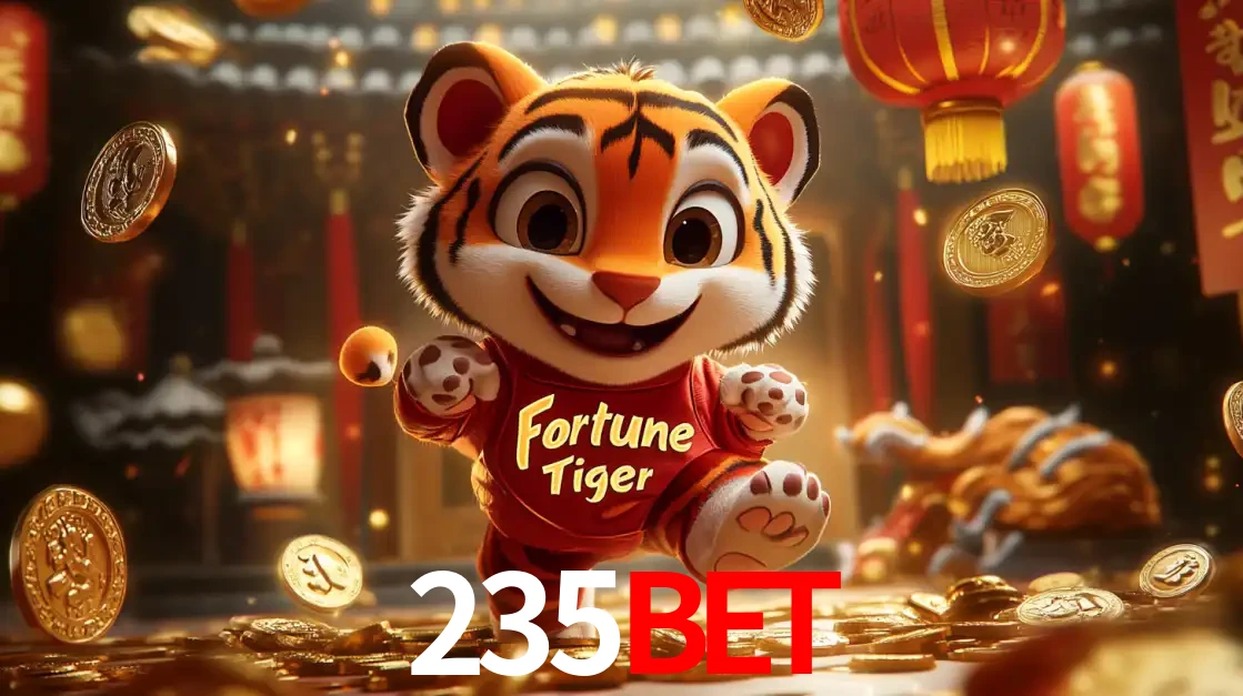 O alegre personagem do Fortune Tiger correndo sobre um caminho de moedas de ouro, simbolizando os grandes prêmios e a diversão do popular jogo de slot do 235bet.