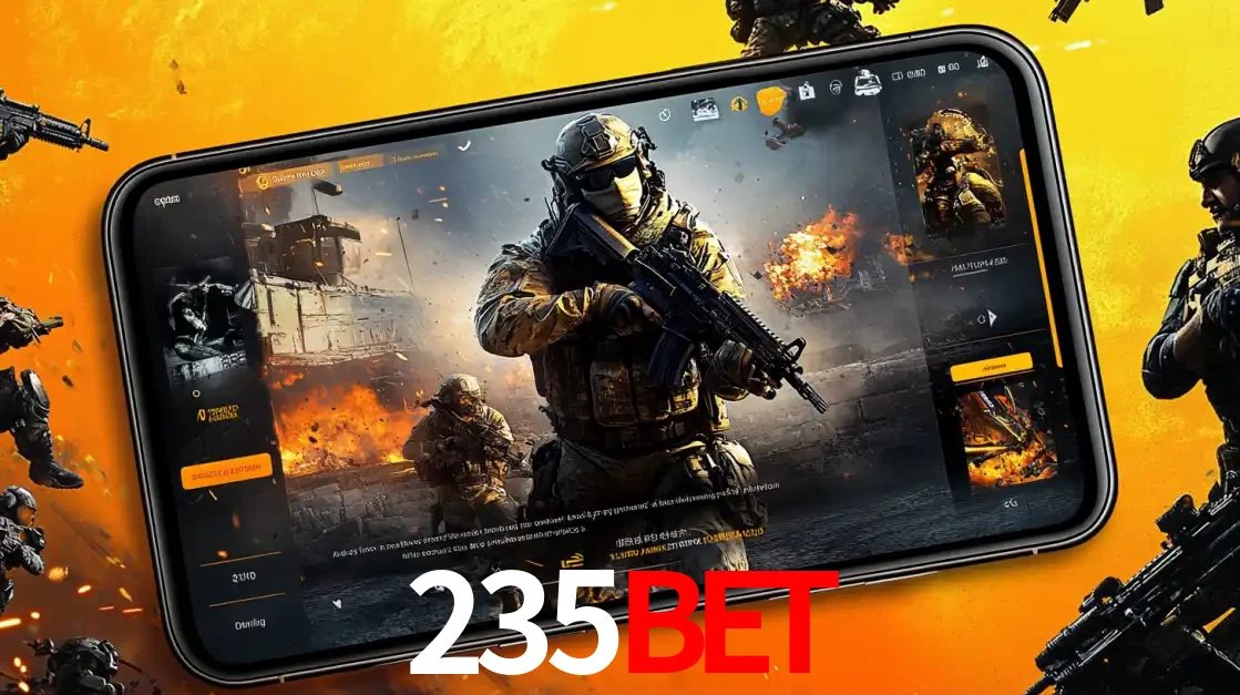 Um smartphone exibindo a interface de um jogo de tiro em primeira pessoa, com um soldado em um cenário de batalha, representando a ação dos e-sports para apostar no 235bet.