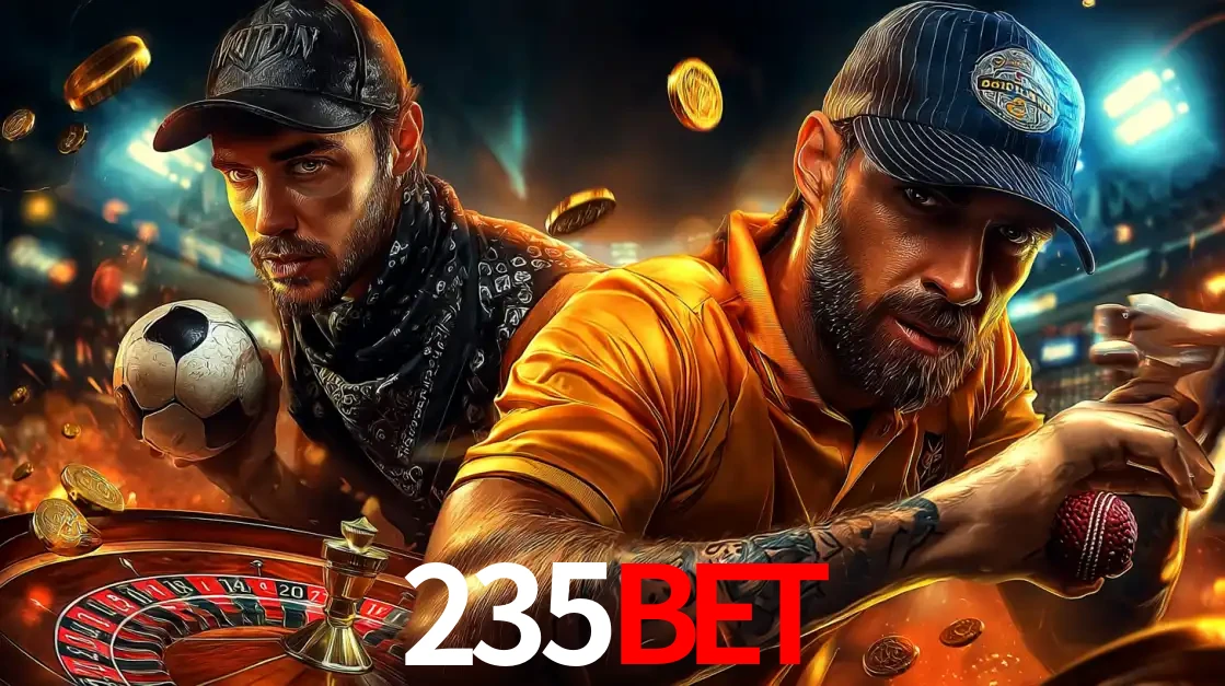 Montagem de apostas esportivas e cassino no 235bet, com um homem segurando uma bola de futebol e outro uma de beisebol sobre uma roleta e moedas voadoras.