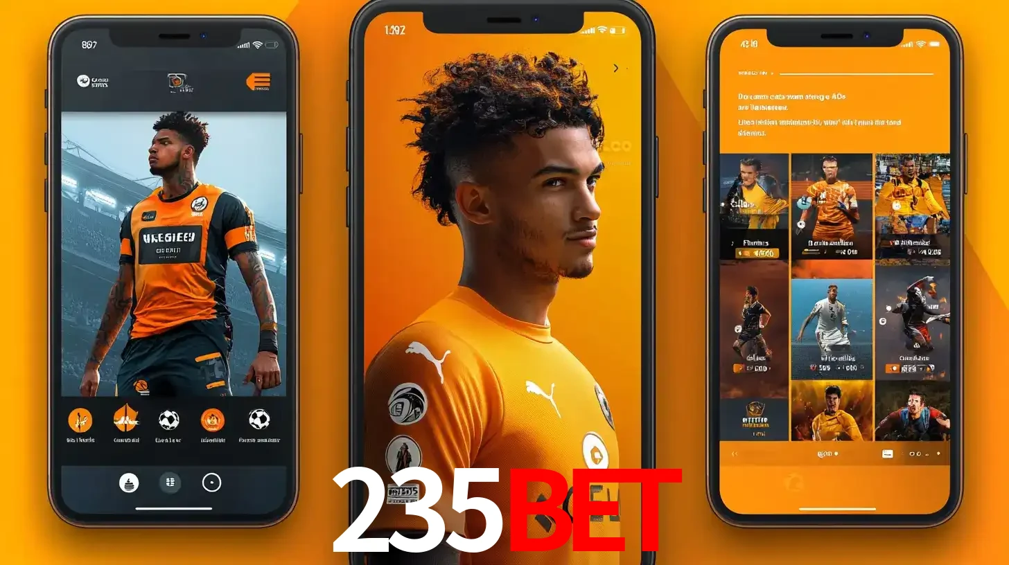 Interface do aplicativo de apostas esportivas 235bet em três telas de celular, mostrando o perfil de um jogador de futebol e a lista de jogos disponíveis para apostar.