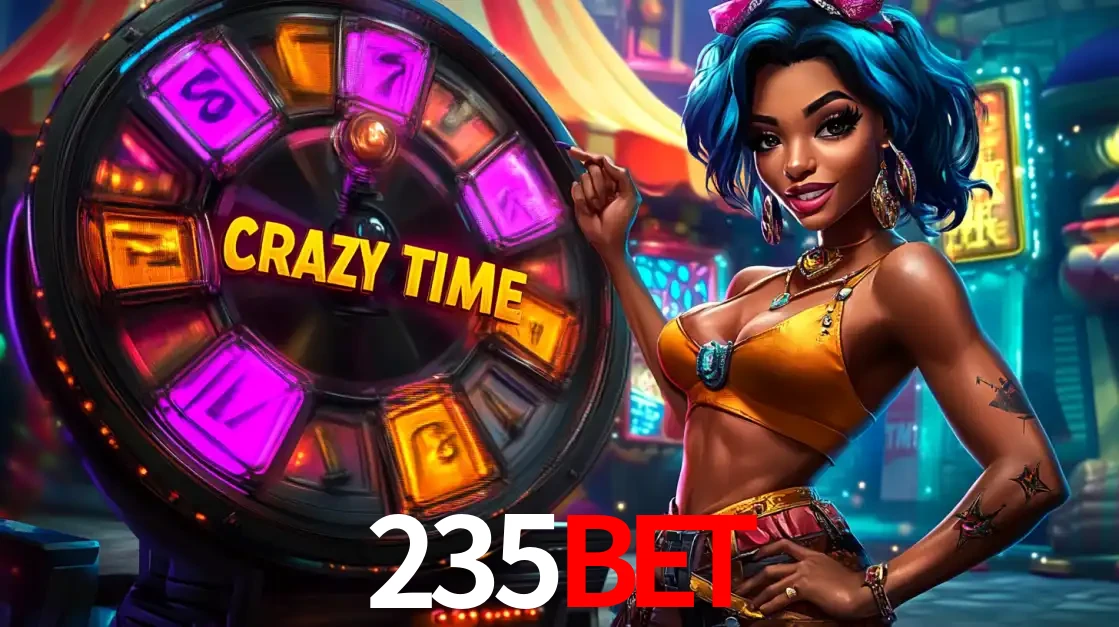 Mulher estilizada com cabelo azul e visual vibrante posando ao lado da roda de prêmios do game show Crazy Time, convidando para a diversão e os bônus do cassino 235bet.
