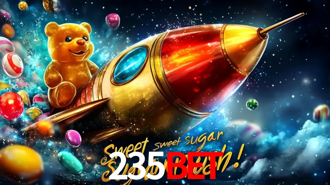 Arte promocional do jogo de slot Sugar Rush, com um urso de pelúcia em um foguete viajando pelo espaço de doces, um dos jogos divertidos disponíveis no cassino 235bet.