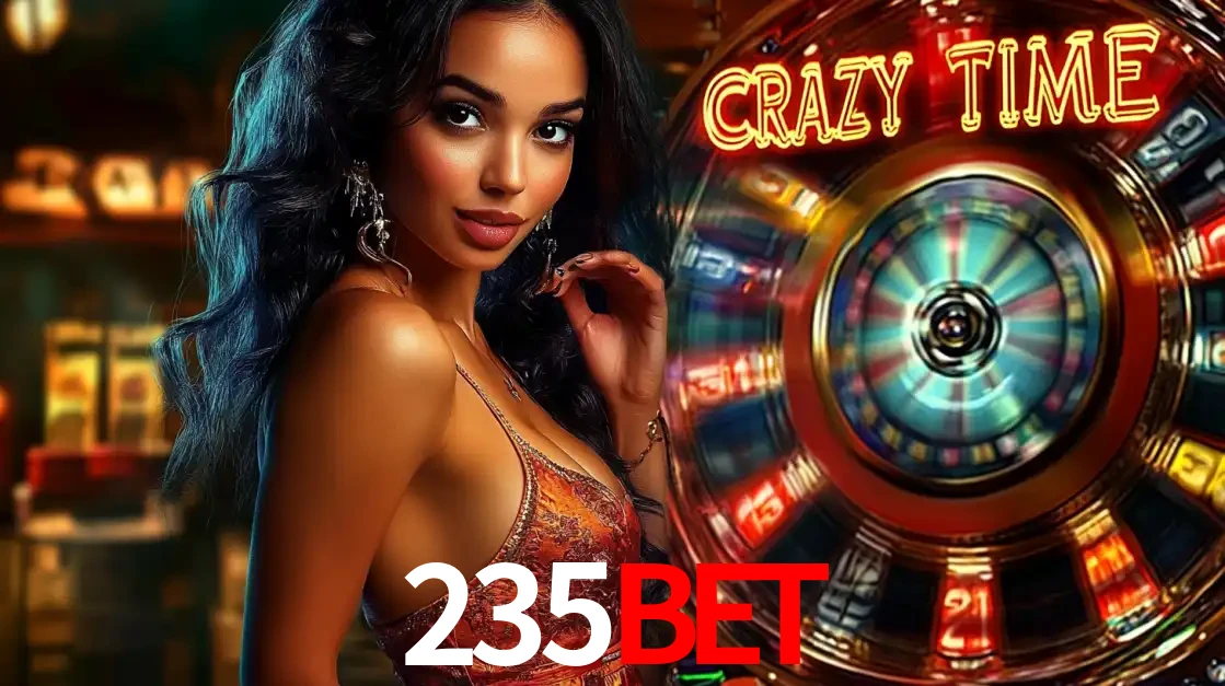 Mulher elegante ao lado da vibrante roda da fortuna do jogo de cassino ao vivo Crazy Time, um dos game shows mais populares e cheios de prêmios do 235bet.