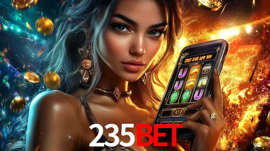 Mulher elegante mostrando um jogo de caça-níqueis em seu smartphone, destacando a experiência de cassino móvel oferecida pelo aplicativo 235bet.