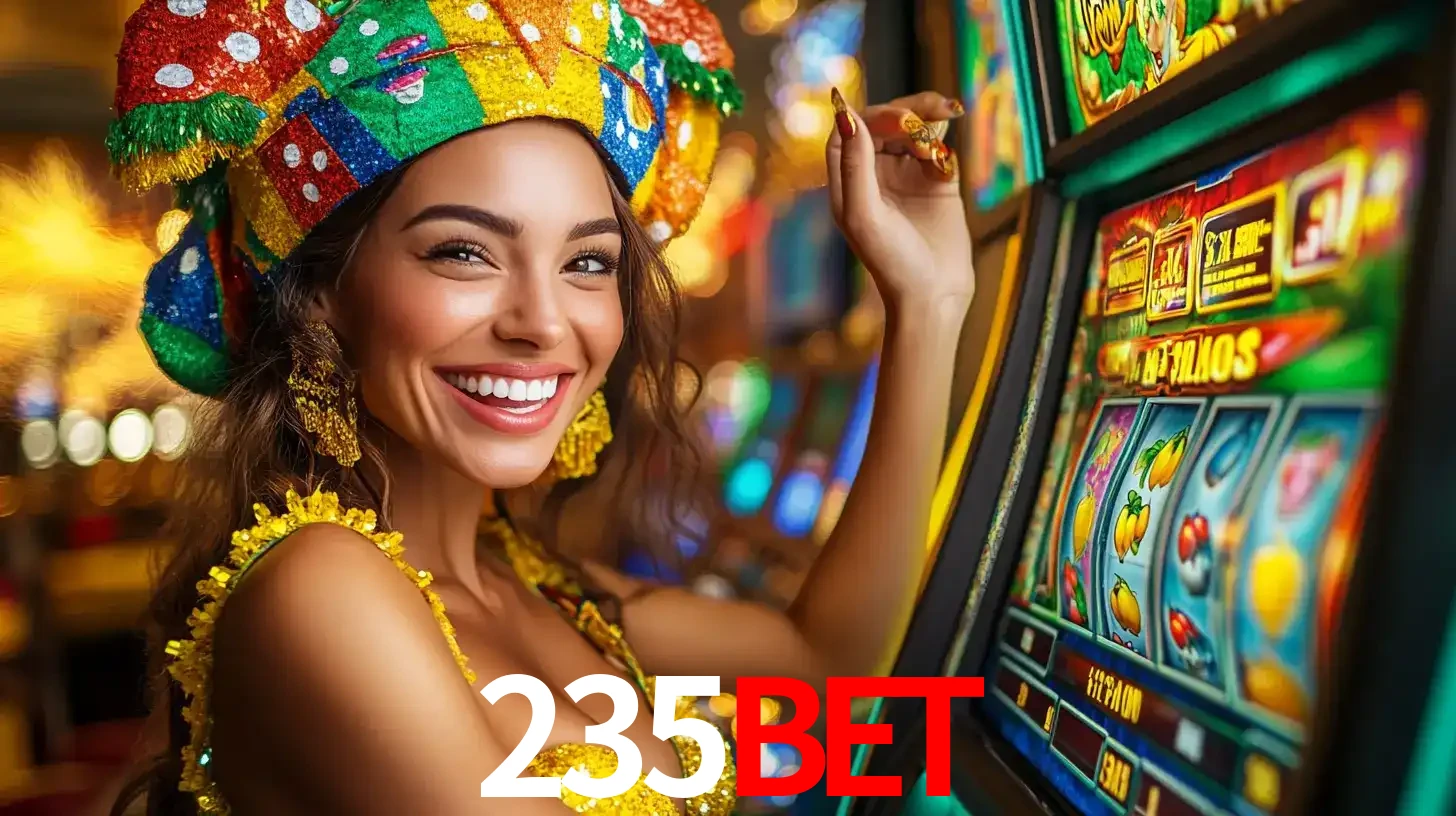 Mulher feliz com traje de carnaval amarelo e colorido ao lado de uma máquina de caça-níqueis, aproveitando a diversão e os jogos temáticos do cassino 235bet.