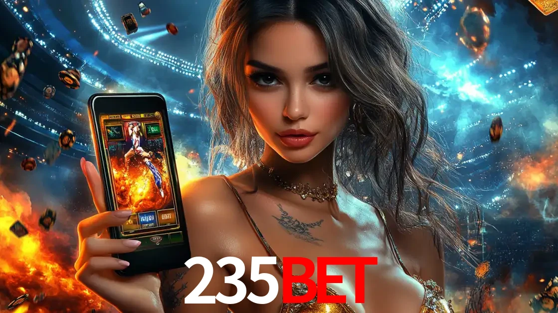 Mulher segurando um celular com um jogo de slot em destaque, tendo como fundo um estádio vibrante, simbolizando a emoção de jogar no cassino móvel 235bet.